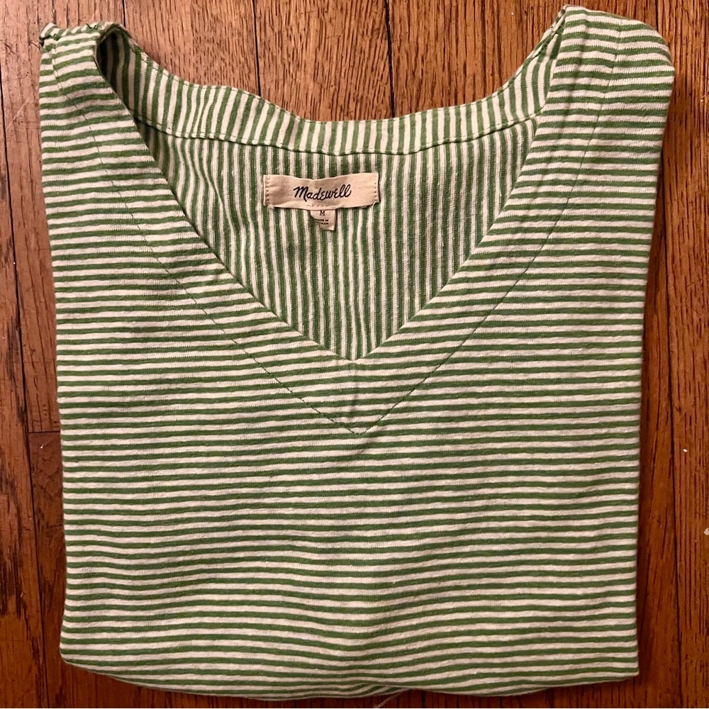 Madewell Sage Striped V-Neck Tee